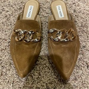 Steve Madden brown suede mules with gold chain detail